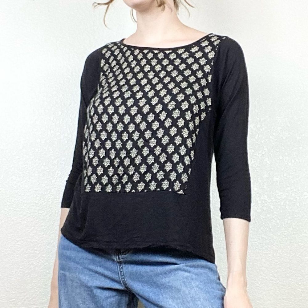 Lucky Brand Black & White Pattern 3/4 Sleeve Shirt